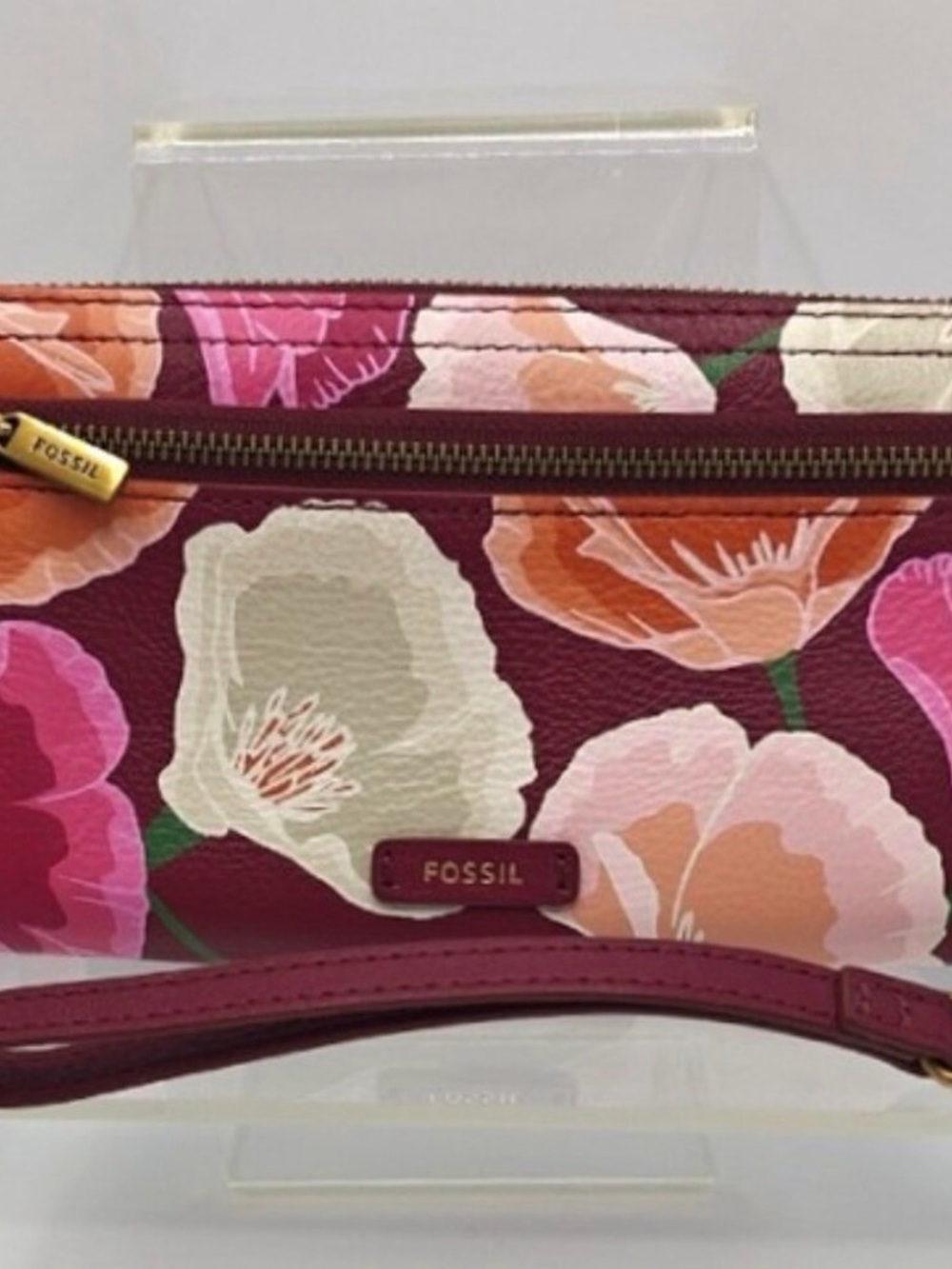 Fossil Leather Continental Wristlet Wallet Burgundy & Pink Florals